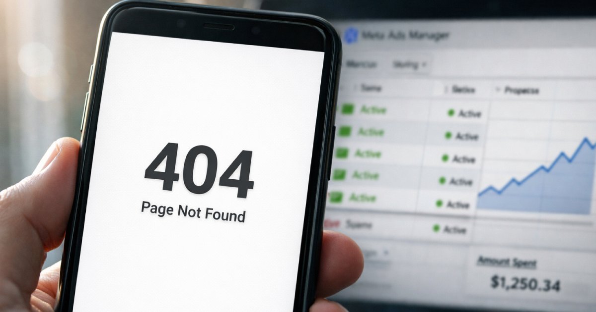 Extreme close-up of a smartphone screen held in a hand, displaying a stark white 404 error page. In the soft-focus background, a laptop screen shows a Meta Ads Manager dashboard with green delivery indicators and a rising spend graph. The contrast between the dead page and the active campaign is the entire story. Natural window light from the left, slight lens flare, shallow depth of field. The mood is forensic and quietly catastrophic.
