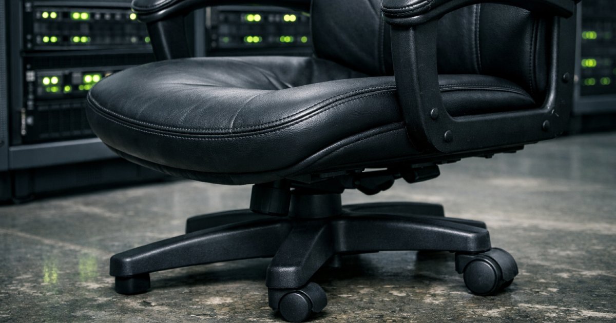 A close-up photograph of a visibly worn office chair — cracked armrest, broken wheel, seat compressed unevenly — positioned directly in front of a bank of server racks with blinking green lights. The contrast between the degraded human workspace and the expensive technical infrastructure is stark. Cold fluorescent lighting. Hyper-realistic. No people, no text.