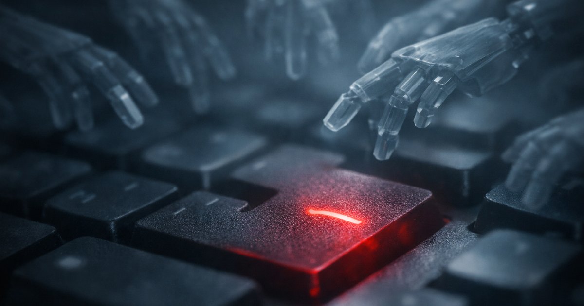 A macro photograph of a computer keyboard with one key — labeled SUBMIT — slightly depressed, lit from below by a faint red glow. The surrounding keys are dark. Sharp focus on the key. Shallow depth of field. The mood is clinical and quietly ominous. No people. No screens. Hyper-realistic studio lighting.