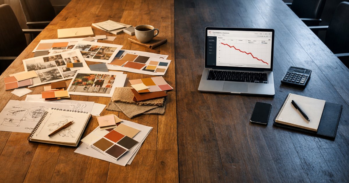 A large wooden conference table with two distinct zones. On the left: printed mood boards, color swatches, and sketches — warm, textured, analog. On the right: a laptop showing a Google Analytics dashboard with a sharp downward trend. The two zones do not overlap. No people. Morning light from a single window on the left side. The mood is tense and divided. Shot on a wide prime lens, slight overhead angle, neutral color grade with a warm left half and a cold right half.